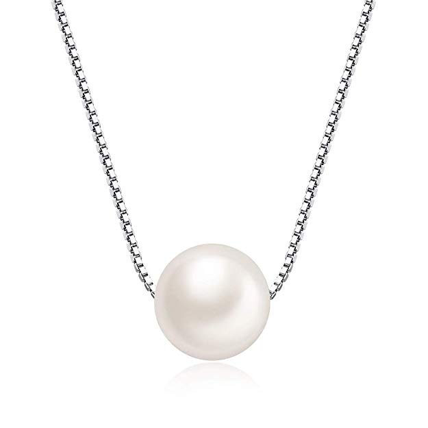 MABELLA Freshwater Cultured 8MM AAA  White Single Pearl Pendant Necklace 925 Sterling Silver Jewelry for Women 18 inch