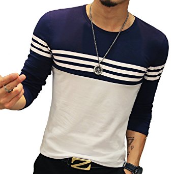 Logeeyar Mens Cotton Fitted long-Sleeve Contrast Color Stitching Stripe T-Shirt