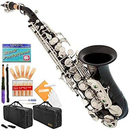 Lazarro Black-Silver Keys Bb B-Flat Curved Soprano Saxophone Sax Lazarro 11 Reeds,Care Kit~24 COLORS Available-330-BK
