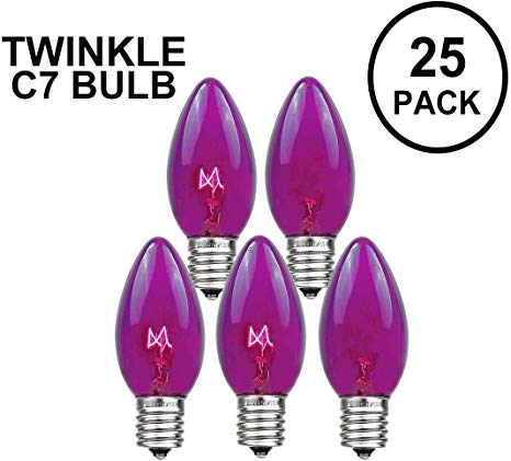 Novelty Lights 25 Pack C7 Twinkle Outdoor Christmas Replacement Bulbs, Purple, C7/E12 Candelabra Base, 7 Watt