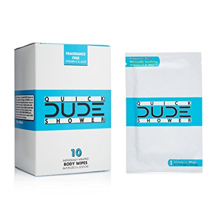 DUDE Shower Body Wipes, 10pk On-The-Go Singles for Travel, Unscented, Naturally Soothing Aloe and Hypoallergenic