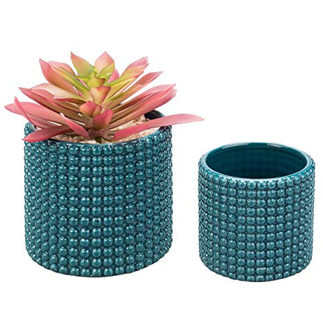 Set of 2 Dark Turquoise Ceramic Hobnail Textured Flower Planter Pots