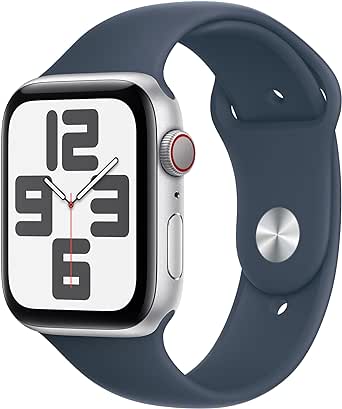 Apple Watch SE (2nd Gen) [GPS   Cellular 44mm] Smartwatch with Silver Aluminum Case with Storm Blue Sport Band S/M. Fitness & Sleep Tracker, Crash Detection, Heart Rate Monitor