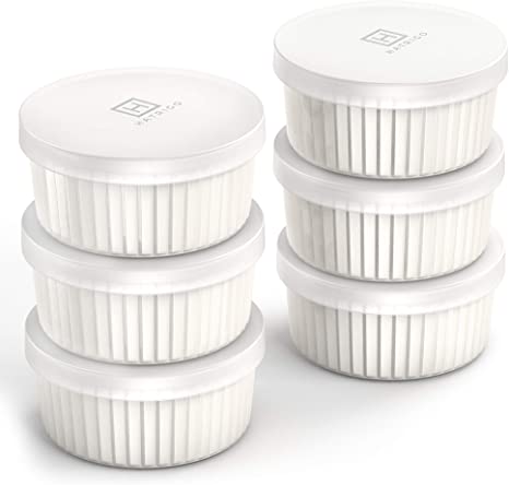 Hatrigo Porcelain Ramekins with Silicone Storage Lids, Set of 6 White Ramekins, Ramekins 6 oz Oven Safe, 450 deg F, Dishwasher Safe