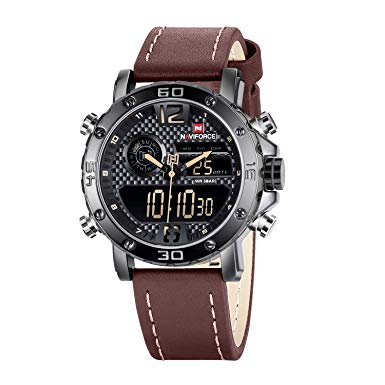 Watches for Men Men's Waterproof Sports Leather Watch Multi-Function Display Backlight Digital Quartz Wrist Watches