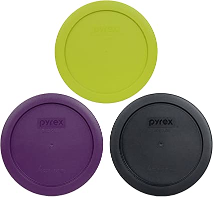 Pyrex 7201-PC 4 Cup Round Plastic Lids (1) Purple, (1) Black, and (1) Edamame Green - 3 Pack