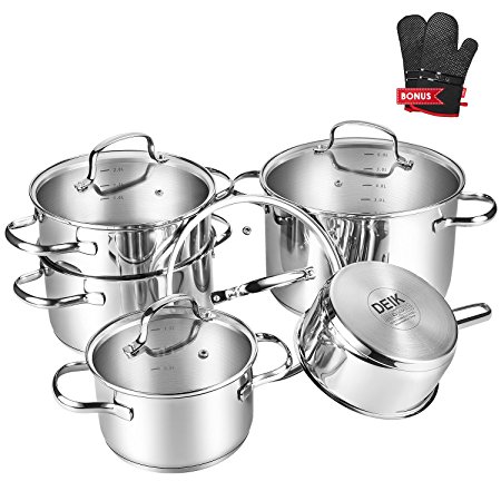 DEIK Cookware Set, Stainless Steel Pot Set, Cooking Pots with Glass Lids, Suitable for Induction Hobs and Dishwasher-Safe, 5-Piece