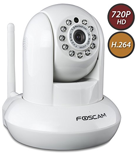 Foscam FI9821W Indoor Pan/Tilt H.264 720p Wireless IP Camera, 1/5" Color CMOS Sensor, F: 3.6mm F:2.4 (IR Lens), IEEE 802.11b/g/n Wireless Connectivity, White