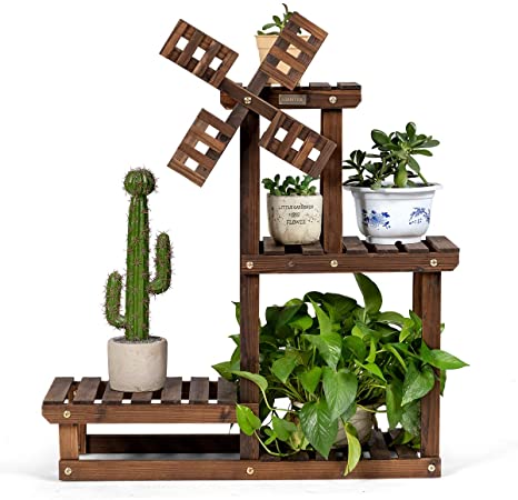 COSTWAY Wooden Flower Rack, Plants Pots Storage Display Shelf, Outdoor Indoor Garden Patio Balcony Plant Stand Holder (4 Tiers)