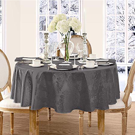 Newbridge Barcelona Luxury Damask Fabric Tablecloth, 100% Polyester, No Iron, Soil Resistant Holiday Tablecloth, 90 Inch Round, Gray