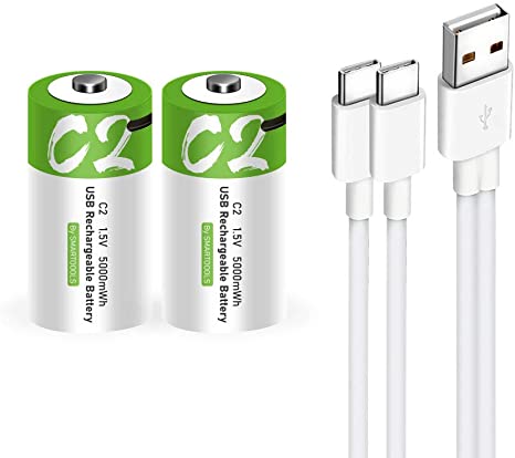 USB C Lithium ion Rechargeable Battery, High Capacity 1.5V 5000mWh Rechargeable C Battery, 2.5 H Fast Charge, 1200 Cycle with Type C Port Cable, Constant Output,2-Pack