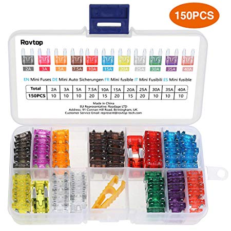 Rovtop 150pcs Mini Car Fuses,Assorted Auto Car Truck Mini Blade Fuses Assortment （2A 3A 5A 7.5A 10A 15A 20A 25A 30A 35A 40A） With1 Fuse Extrator 1 Carrying Storage and1 pastable instruction