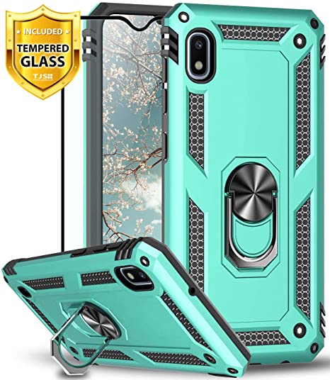 TJS Phone Case for Samsung Galaxy A10E 5.8" (Not Fit Galaxy A10/M10), with [Full Coverage Tempered Glass Screen Protector][Impact Resistant][Defender][Metal Ring][Magnetic Support] Armor (Teal)