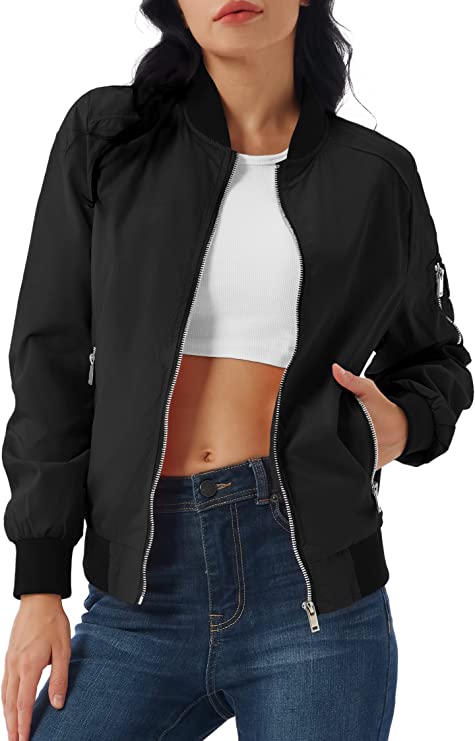 Women's Bomber Jacket Casual Lightweight Short Coat Zip Up Windbreaker Outerwear with Pockets