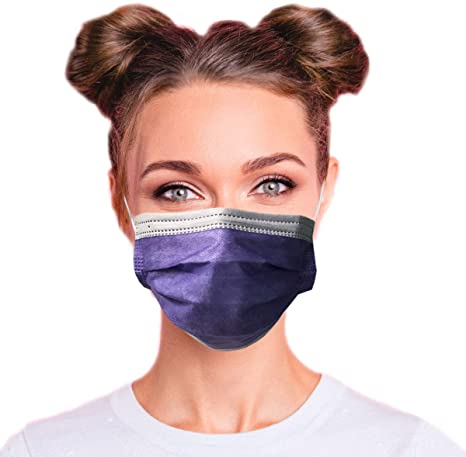 4-Ply Breathable Multi-Color Layer Disposable Face Mask - Made in USA - Highest Protection with Comfortable Elastic Ear Loop | For Travel, Offices, Business and Personal Care - Purple   Blue (50 PCS)
