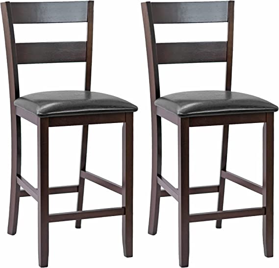 COSTWAY Set of 2 Bar Stools, 25” Counter Height Kitchen Dining Pub Chairs with Soft Padded Seat, PU Leather Cover & Rubber Wood Legs, Suitable for Dining Room, Restaurant & Cafe Store (2)