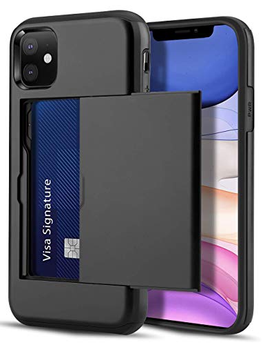 LUUDI Case for iPhone 11 Case Wallet Protective Slim Shell Card Holder Sliding Cover Credit Card Slot Scratch Resistant Dual Layer Shockproof Hard Bumper Cover for iPhone 11 6.1 inches Black
