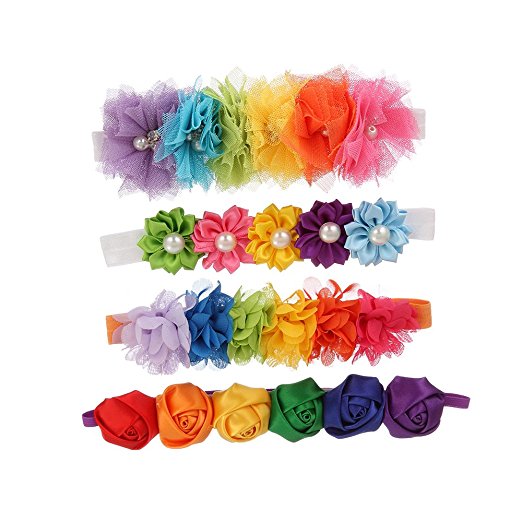 Baby Girl's Headbands, Elastic Flowers Headband for Girl, Children Headdress, Rainbow Pack of 4
