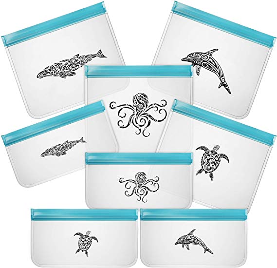 Sunset House Reusable Food Storage Bags - Nature-Safe Rezip Containers for Snacks and Lunch Meals - Leakproof PEVA Baggies for Kitchen Organization and Travel - Tribal Tattoo Designs - 8-Pack, 2 Sizes