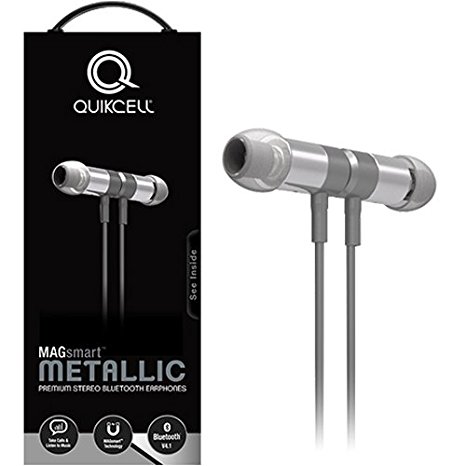 Quikcell Magsmart full metal  Bluetooth Headset with unique Play/Pause controls  for Apple & Android - Retail Packaging - Grey
