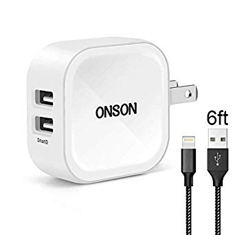 iPhone Charger iPad Charger, ONSON 4.8A 24W Dual Port Wall Charger Foldable Portable Travel Plug  6FT iPhone Cable Charging Cord for iPhone Xs Max, XR, X, 8, 7, Plus, 6, 6S, 6 Plus, 5, 5C, 5S, SE