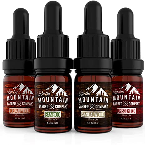 Beard Oil Sample Size Pack - 4 Unique Beard Oil Varieties (0.17 oz each) - Cedarwood, Sandalwood, Bamboo & Unscented – Contains Essential Oils to Hydrate & Condition Beards