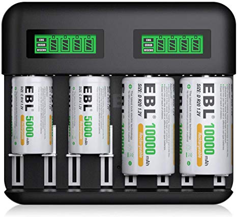 EBL 8-Bay LCD Battery Charger USB Port Type C Input for AA AAA C D Rechargeable Batteries - Rechargeable C Battery 5000mAh × 2, D Battery 10000mAh × 2 and Battery Charger Combo