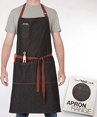 Chef Apron by No1Cook Durable cotton denim apron with pockets for men and women. Modern design – suitable for barista apron, cooking apron, plus size apron, grilling apron and kitchen apron.