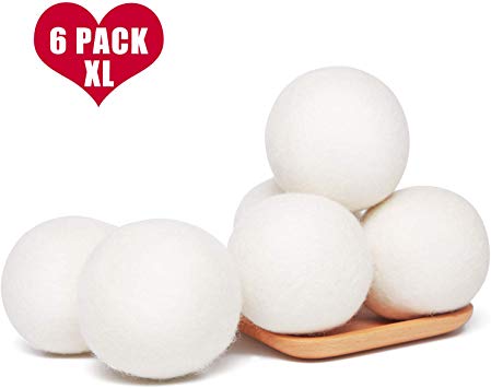 Wool Dryer Balls - 6 Pack XL, 100% Handmade Natural New Zealand Wool, Reusable Organic Fabric Softener, Reduce Wrinkles & Saves Drying Time, Chemical Free Hypoallergenic Safe White