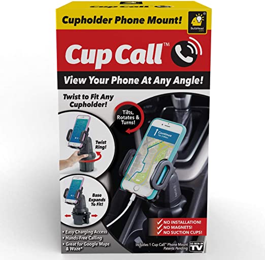 Official As Seen On TV Cup Call Cup Holder Phone Mount for Car by BulbHead - Adjustable Cell Phone Holder Fits Any Phone in Any Cup Holder - Rotates 360°, Tilts & Moves Left or Right