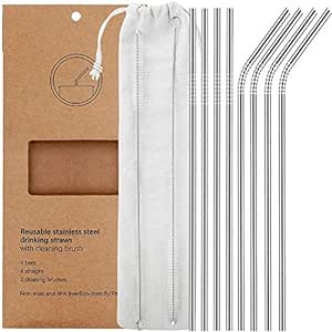 Set of 8 Stainless Steel Straws FDA-Approved Ultra Long 10.5'' Drinking Metal Straws for 20 30oz Stainless Tumblers Rumblers Cold Beverage (4 Straight   4 Bent   2 Brushes)