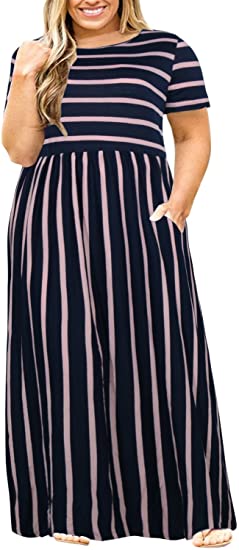 Nemidor Women Short Sleeve Loose Plain Casual Plus Size Long Maxi Dress with Pockets