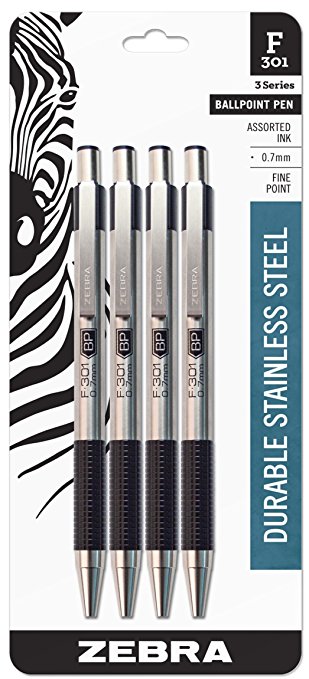 Zebra F-301 Stainless Steel Retractable Ballpoint Pen, 0.7mm, Assorted, 4 Pack (27104)