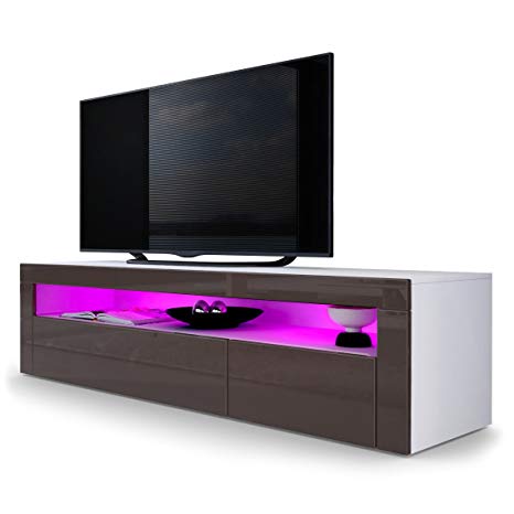 Vladon TV Stand Unit Valencia, Carcass in White matt/Front in Chocolate High Gloss a frame in Chocolate High Gloss