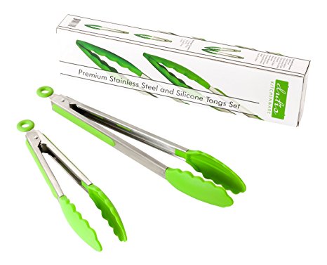 Dishwasher Safe Tongs Set. A Beautiful 2 Piece Set Stainless Steel and Silicone Green Comes in 9” and 12”. Strong, Comfortable Grip, Light Weight Kitchen Utensils