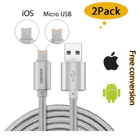 【2 pack】 Vanten Premium 3.3ft Reversible Micro USB and Lightning Joined 2 in 1 Cable High Speed Data Sync USB Cord Both for Android and iOS with One Plug