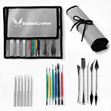 Skilled Crafter Pottery Tools & Carry Case. 28 Stainless Steel & Aluminum Clay Modeling & Sculpting Tools in 17 Piece Set. Professional Quality.   FREE Needle Tool