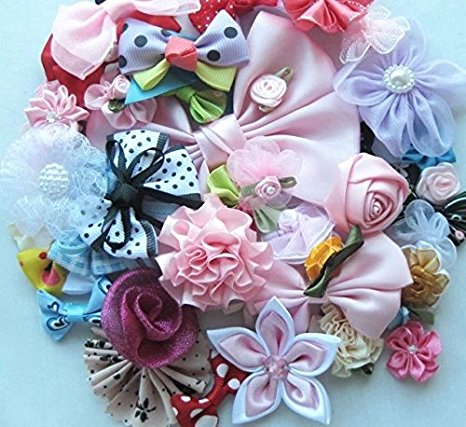 Chenkou Craft Mix Bulk 50pcs Ribbon Flowers Bows Craft Wedding Ornament Appliques A0241