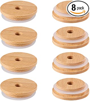 DOITOOL 8pcs Reusable Bamboo Jar Lids 70MM Bamboo Mason Jar Lids with Straw Hole for Wide Mouth Mason Jar (8Pcs)