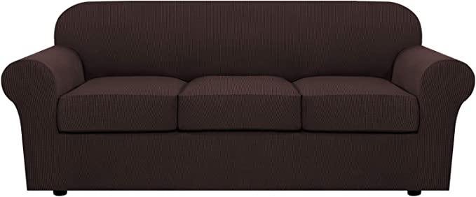 H.VERSAILTEX 4 Piece Stretch Sofa Covers for 3 Cushion Couch Covers for Living Room Furniture Slipcovers (Base Cover Plus 3 Seat Cushion Covers) Upgraded Thicker Jacquard Fabric (Sofa, Chocolate)