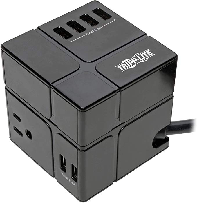 Tripp Lite 3 Outlet Surge Protector with USB, Detachable Wall Outlet Surge Protector, 6 USB Ports, 6 ft. Cord, 540 Joules, Black, $50, 000 Insurance (TLP366CUBEUSBB)