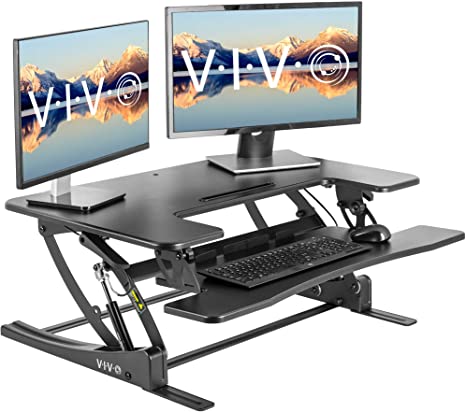 VIVO Black Height Adjustable 36 inch Stand Up Desk Converter Workstation | Quick Sit to Stand Tabletop Monitor Riser with Extra Large Keyboard Tray (DESK-V000V2)