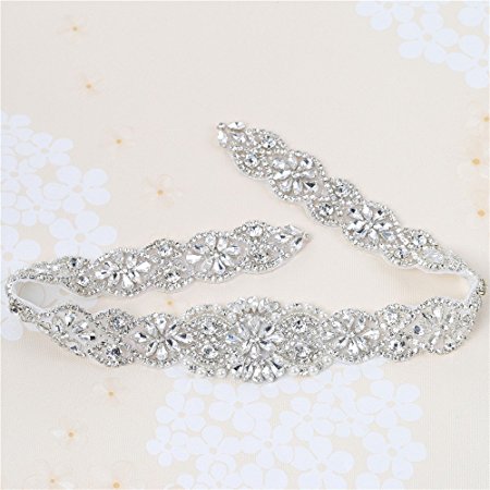 XINFANGXIU Wedding Bridal Sash Applique Crystal Belt Applique Rhinestone Applique Pearls Beaded Sewn Iron on for Formal Gown Dress (Silver)