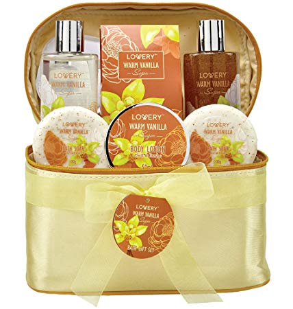 Bath and Body Gift Basket For Women & Men – Warm Vanilla Sugar Home Spa Set, Includes Fragrant Lotions, Exfoliating Bath Soaps, Hand Soap with Beads, Reusable Travel Cosmetics Bag and More