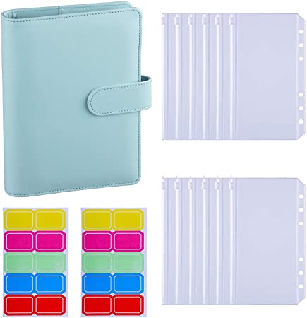 Antner A6 PU Leather Binder Cover with 12PCS A6 Binder Pockets Loose Leaf Bags 6 Ring Binder Cash Budget Envelopes System, Mint Blue