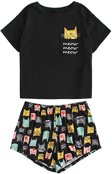 DIDK Women's Cute Cartoon Print Tee and Shorts Pajama Set