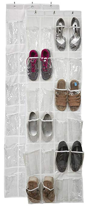 Vinyl Over the Door Shoe Organizer with 24 Reinforced Pockets. Organize your shoes with this shoe rack over the door organizer and save space. Hang on standard doors with 3 steel over the door hooks.