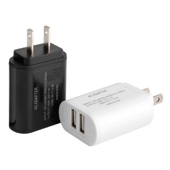 Wall Charger,2pc 5V Max 2.1Amp with Smart IC Protection AC/DC Dual Port Universal USB Power Adapter Wall Plug for iPhone 6 6S Plus 5S iPad Samsung Galaxy S7 S6 Edge Note 5 and More Black/White
