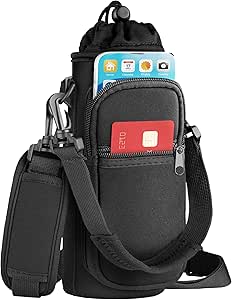 EcoEarth Water Bottle Holder w/Strap (25 oz, Black), Water Bottle Carrier Bag for Hiking, Convenient Crossbody Bottle Pouch w/Phone Holder, Water Bottle Sleeve w/Padded Shoulder Strap