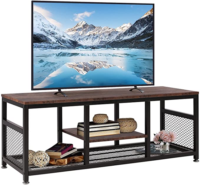 VECELO Industrial TV Stand, Television Cabinet with Open Storage,Console Entertainment Center, Coffee Table with Metal Frame for Living Room, Rustic Brown, 47"x 15.7"x17.7"